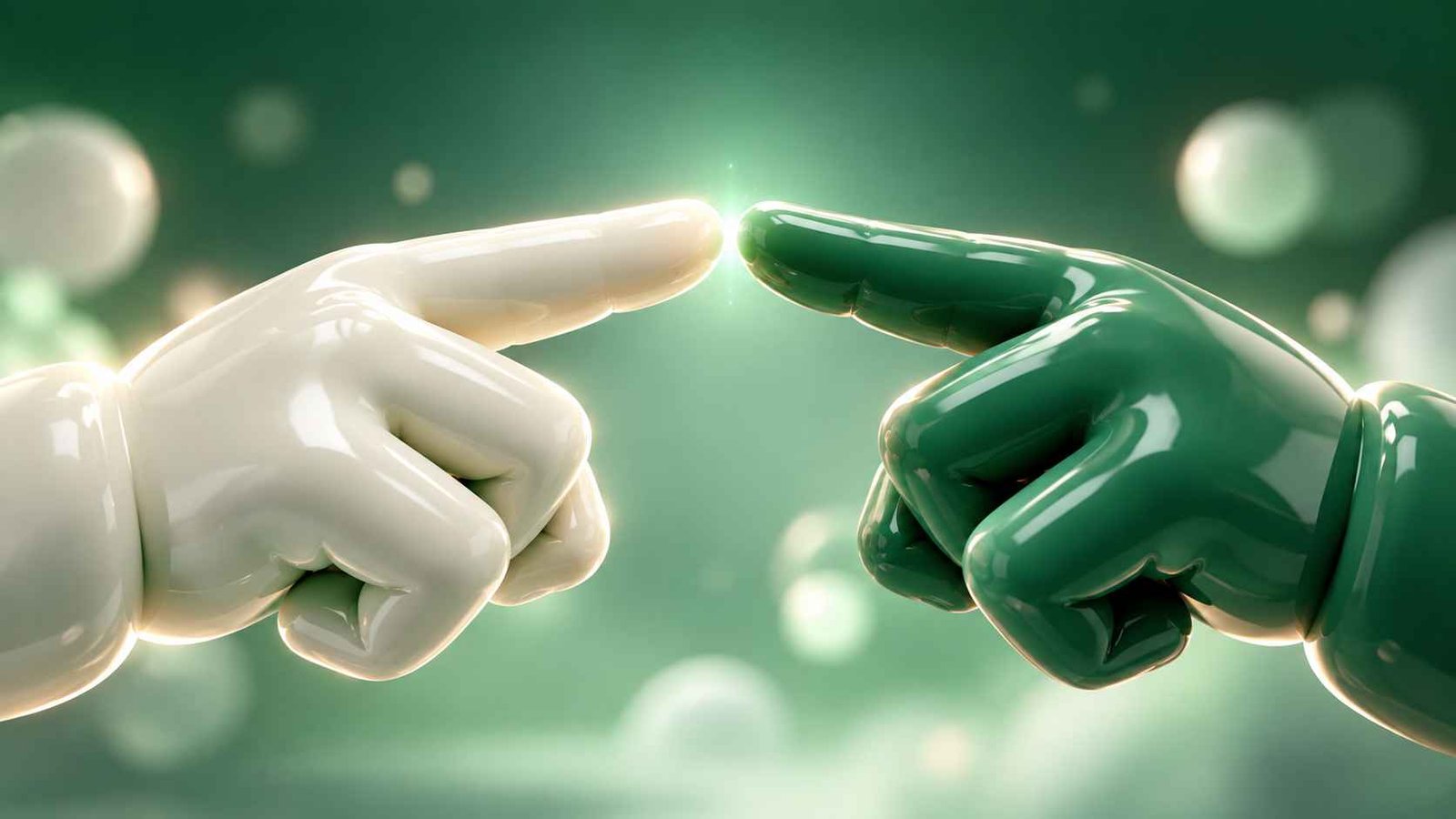 Two glossy oversized hands with index fingers touching against a soft green gradient background
