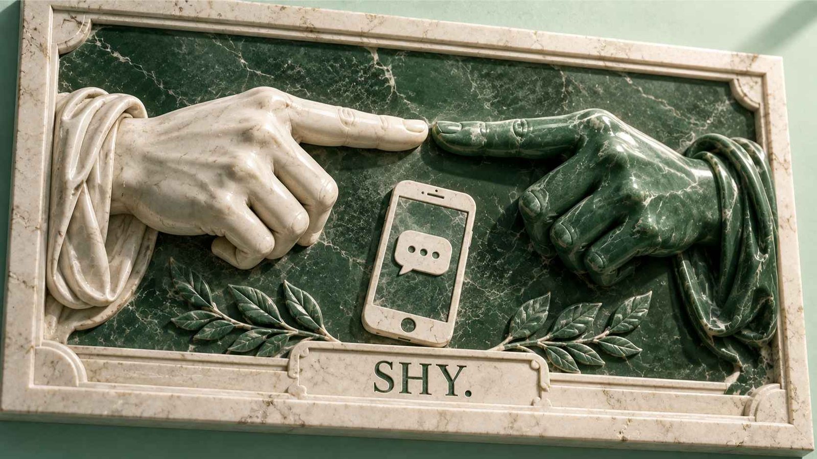 Marble relief carving of two fingertips touching above a phone screen showing a chat bubble