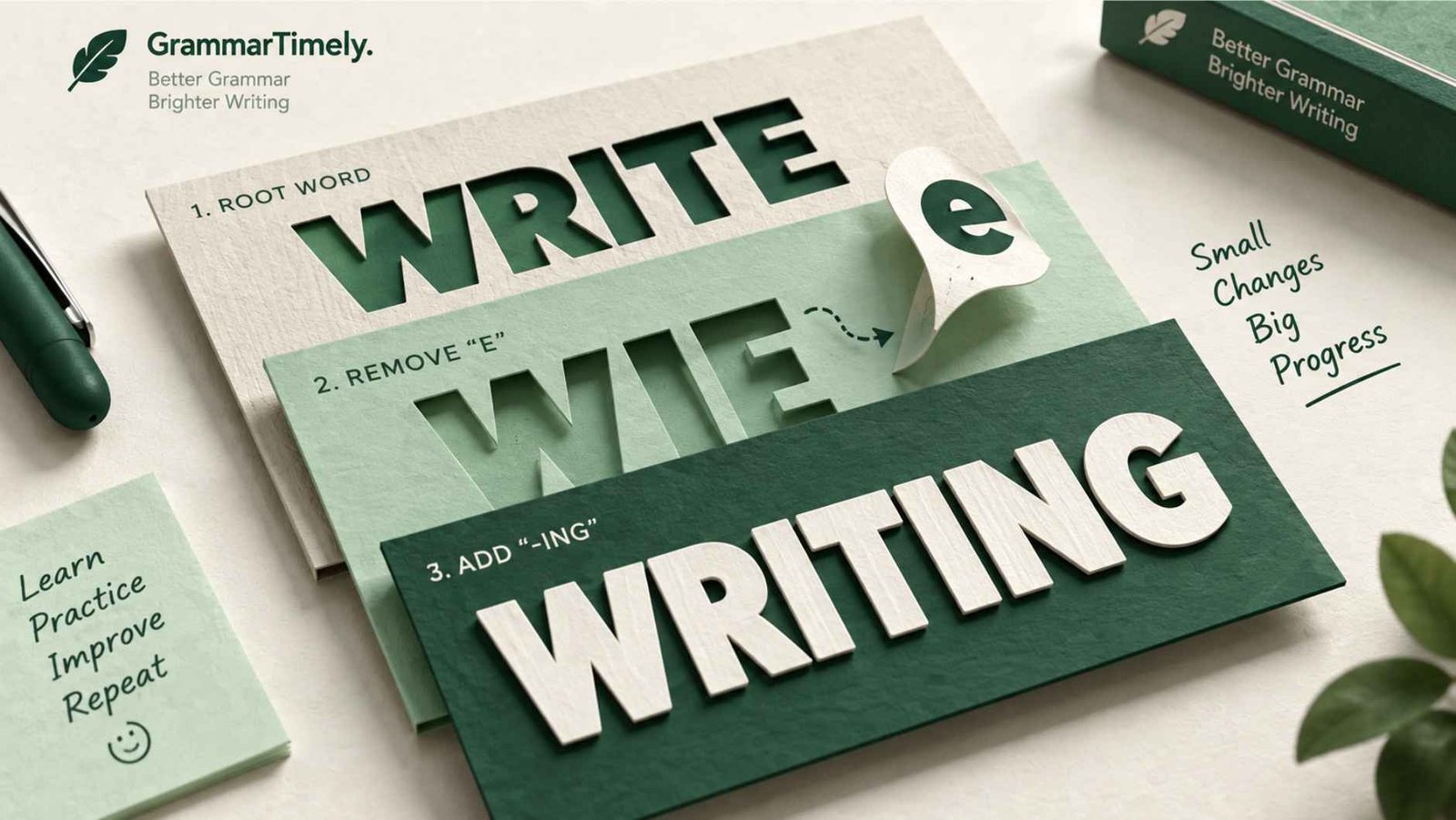 Layered paper cut illustration showing write losing its silent e before ing is added