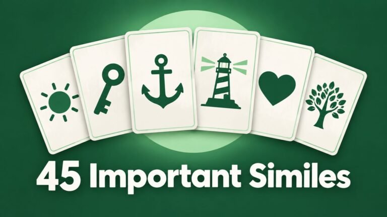 Fan of six cream cards showing a sun, key, anchor, lighthouse, heart, and tree above the words 45 Important Similes