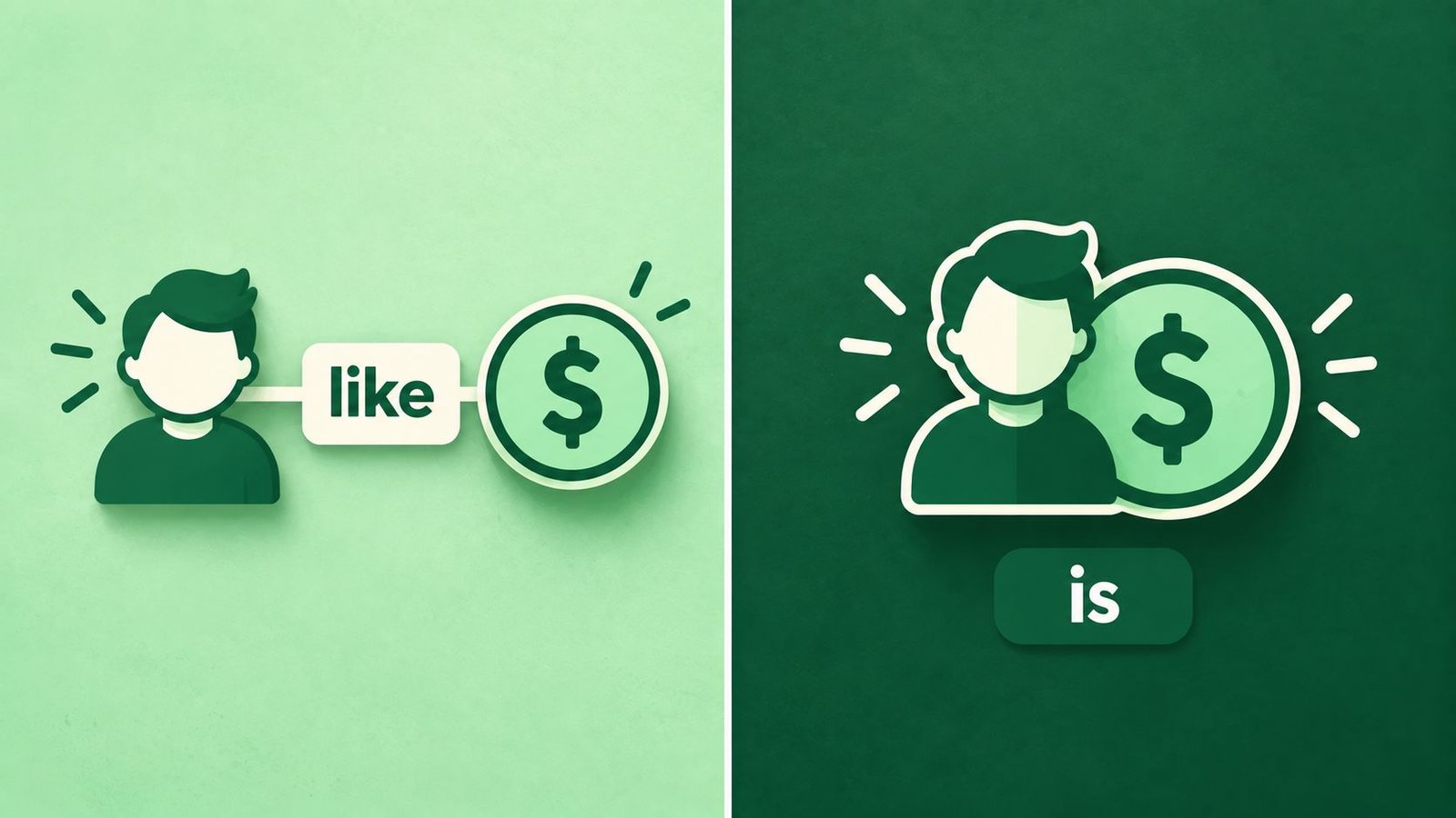 Split panel comparing a person icon linked to a coin by a like tile on the left and merged with the coin on the right