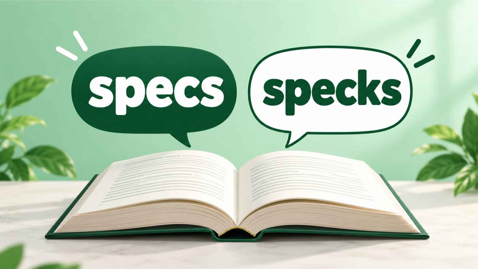 Open book with two speech bubbles showing the words specs and specks side by side on a mint green background