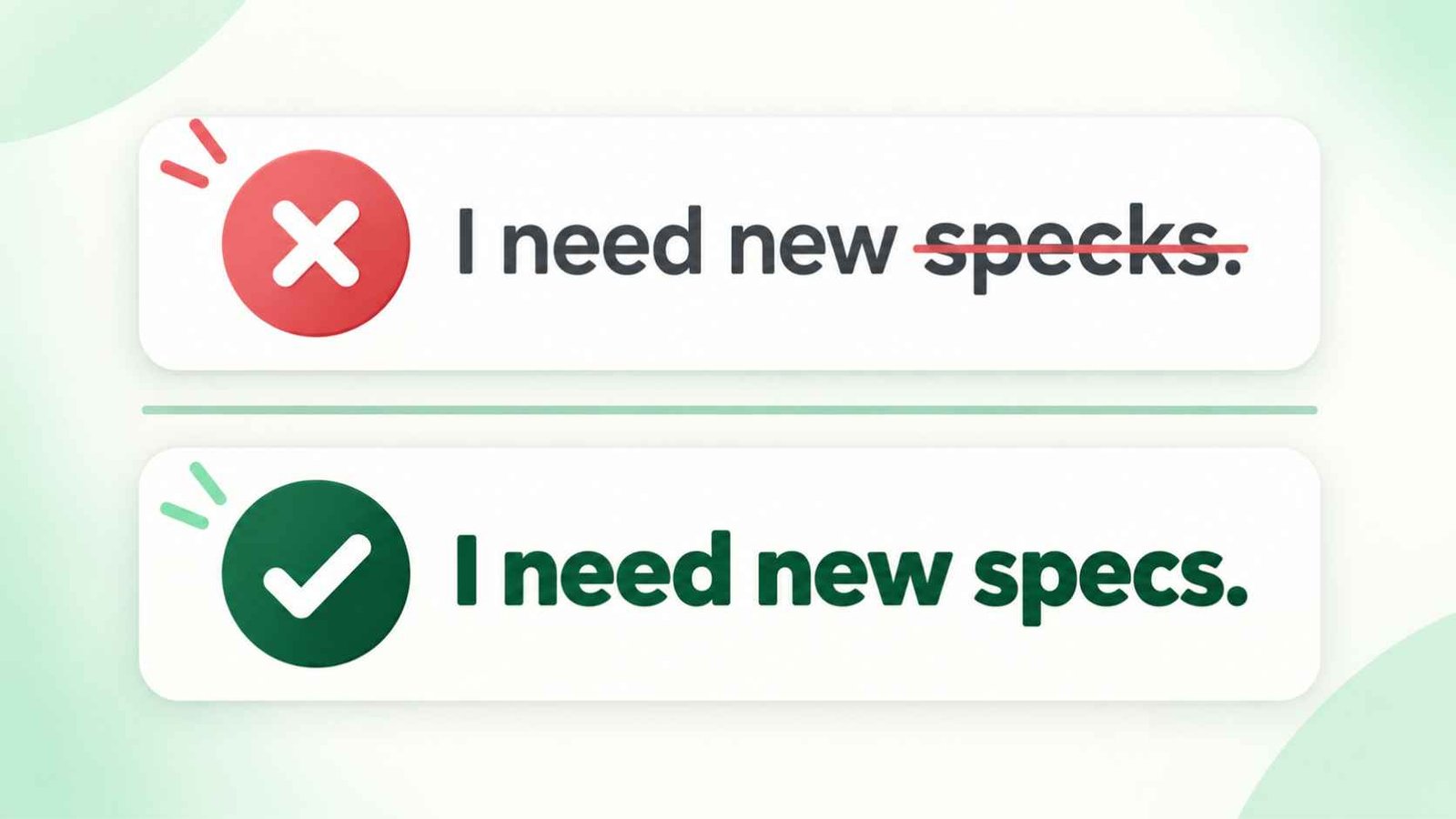 Correct and incorrect sentence cards with a check mark and an x symbol showing common specs and specks errors