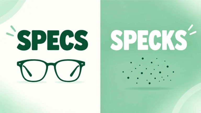 Split graphic comparing the words specs and specks with a pair of glasses and dust particles