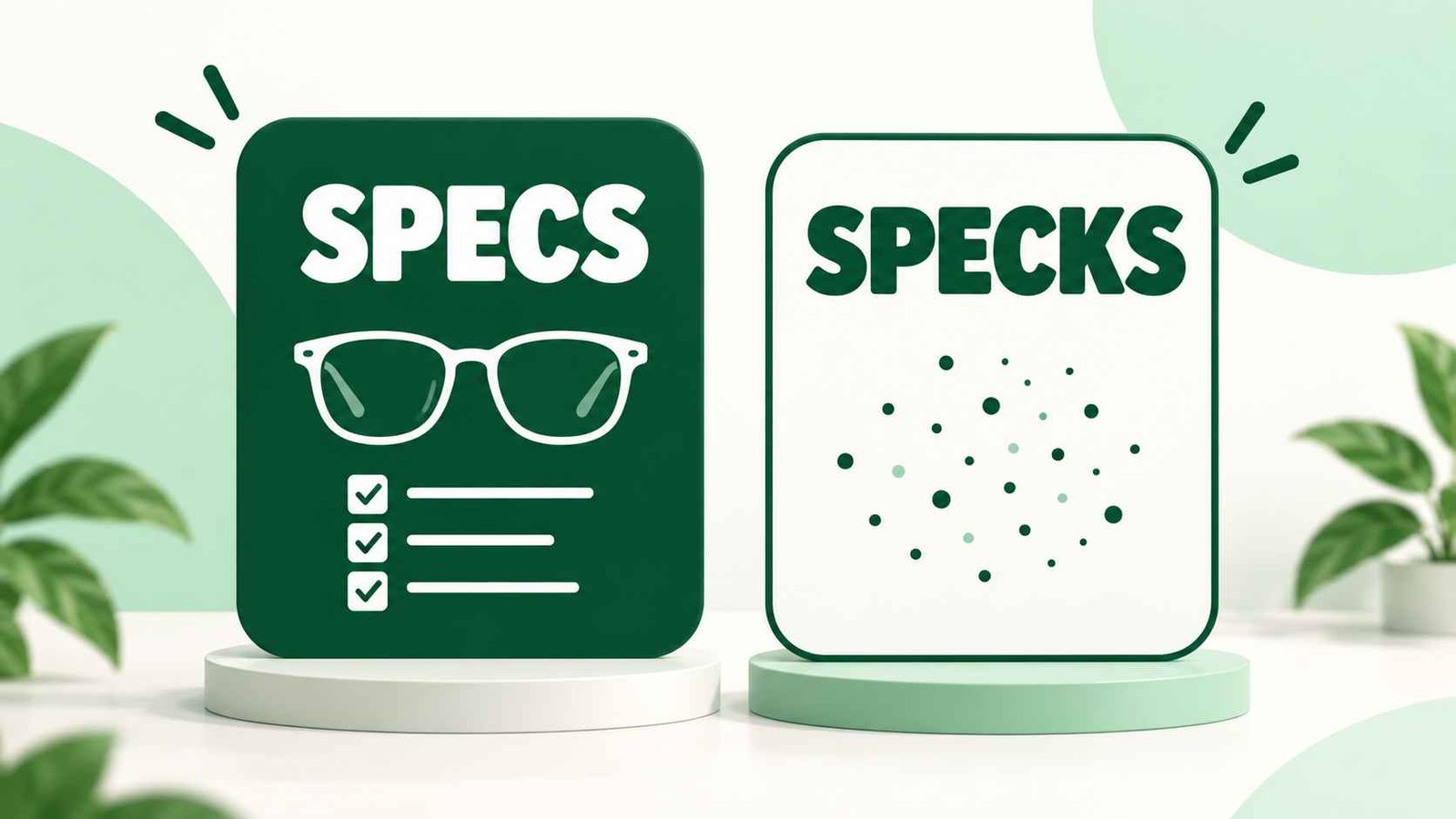 Side-by-side comparison card showing the words specs and specks with their meanings and example sentences