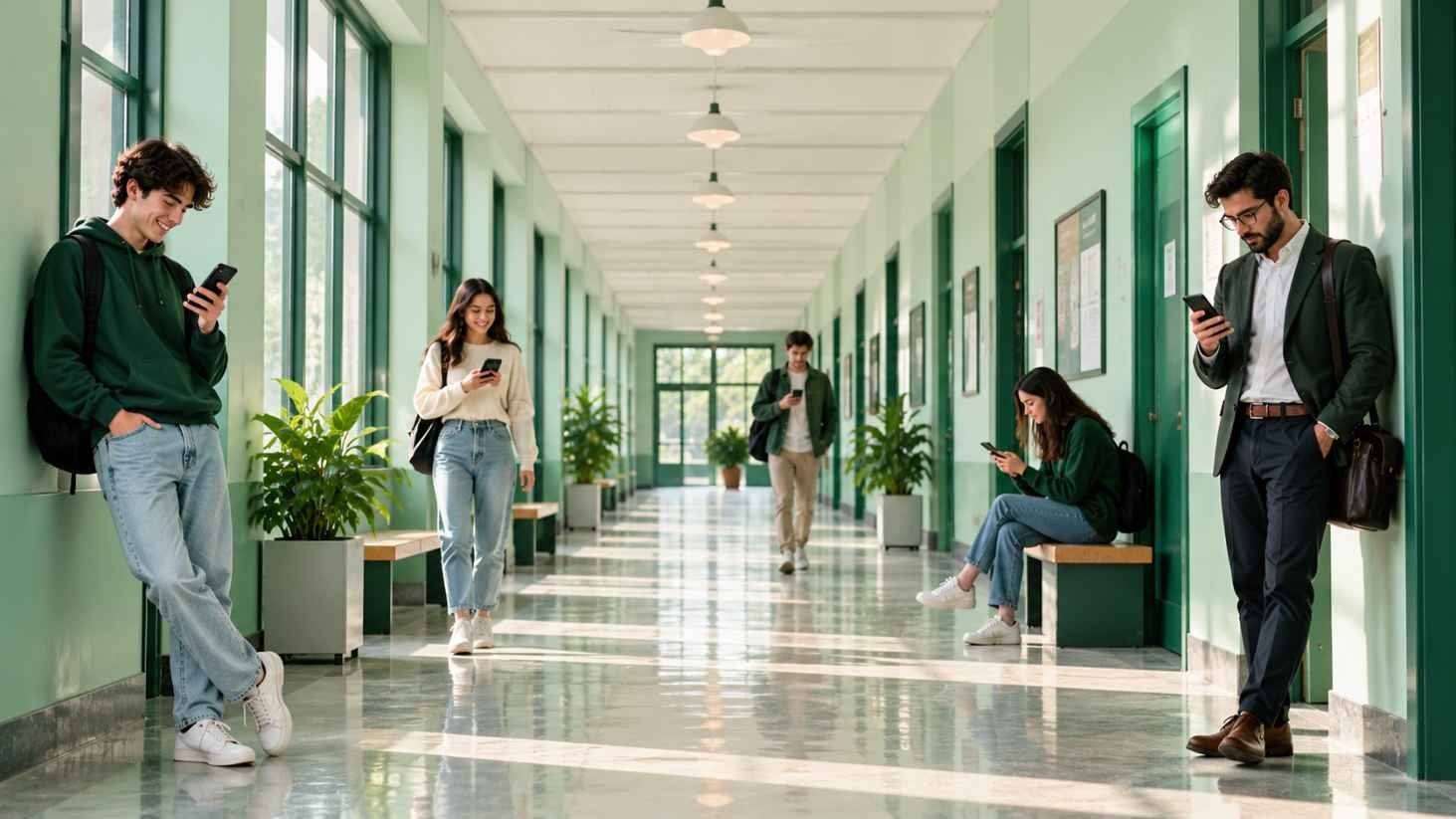 Students standing along a long bright corridor, each looking at a phone in a different setting