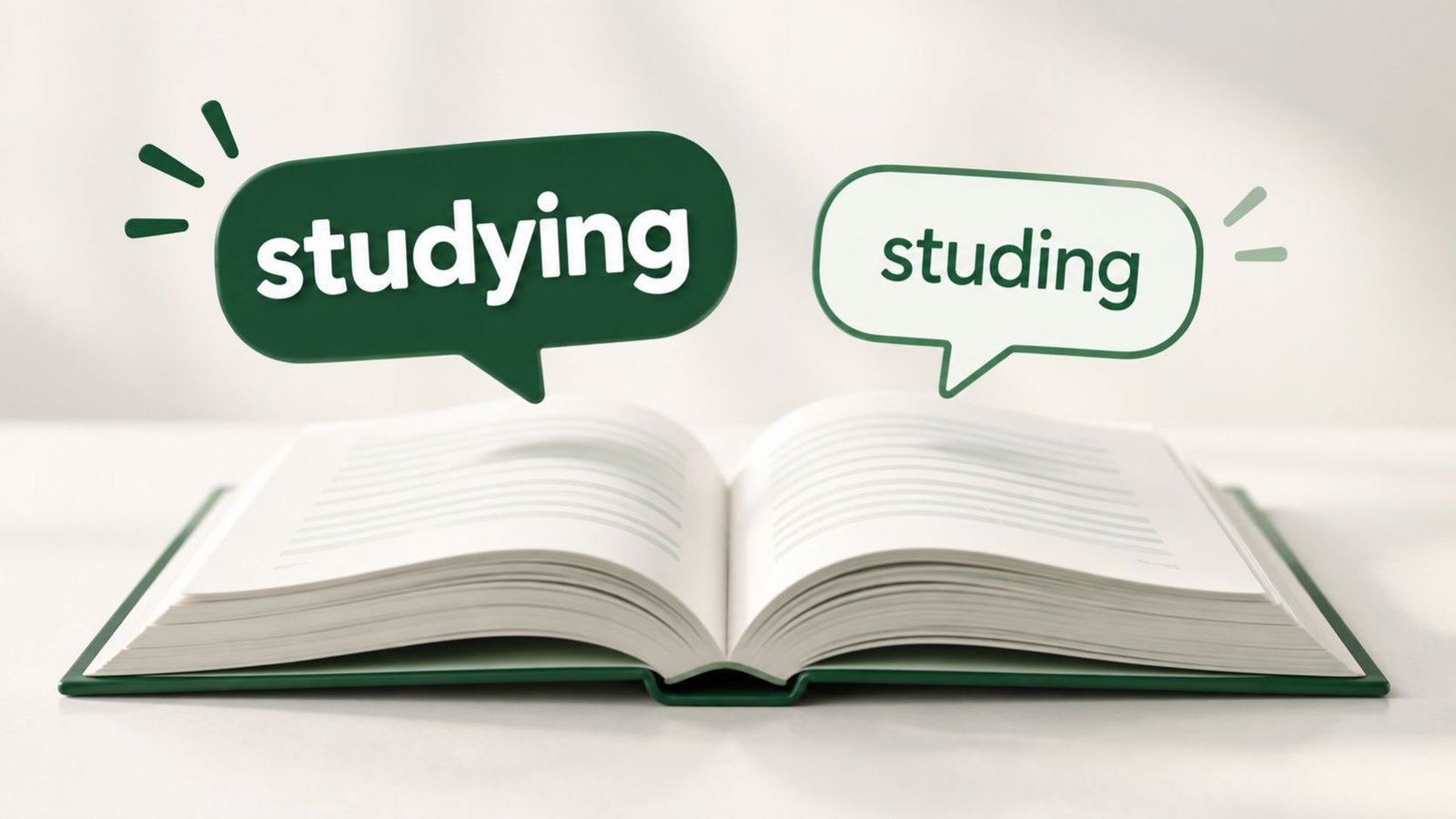 Studying or Studing Open book with two speech bubbles labeled studying and studing side by side