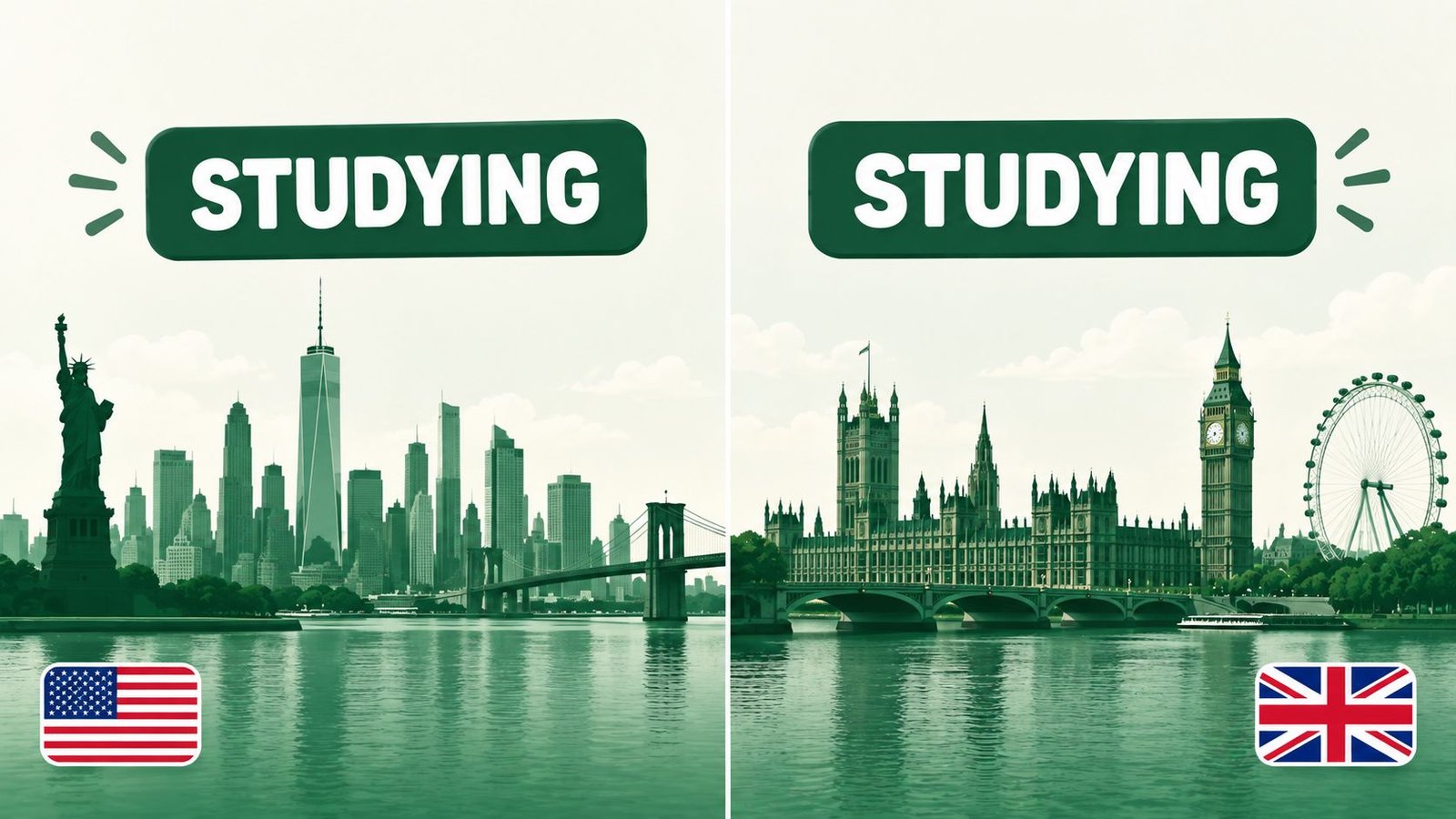 Split skyline comparing an American city and a British city with identical studying spelling labels