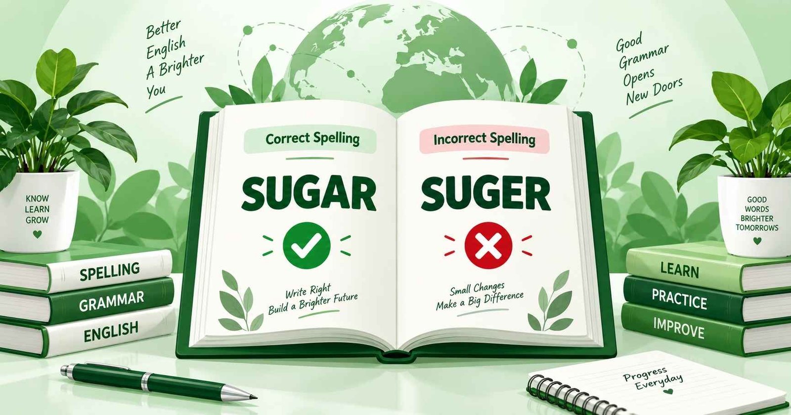 Suger vs sugar correct spelling hero banner with open book illustration