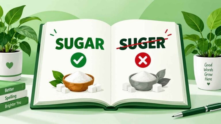 Suger vs sugar spelling comparison thumbnail in green infographic style