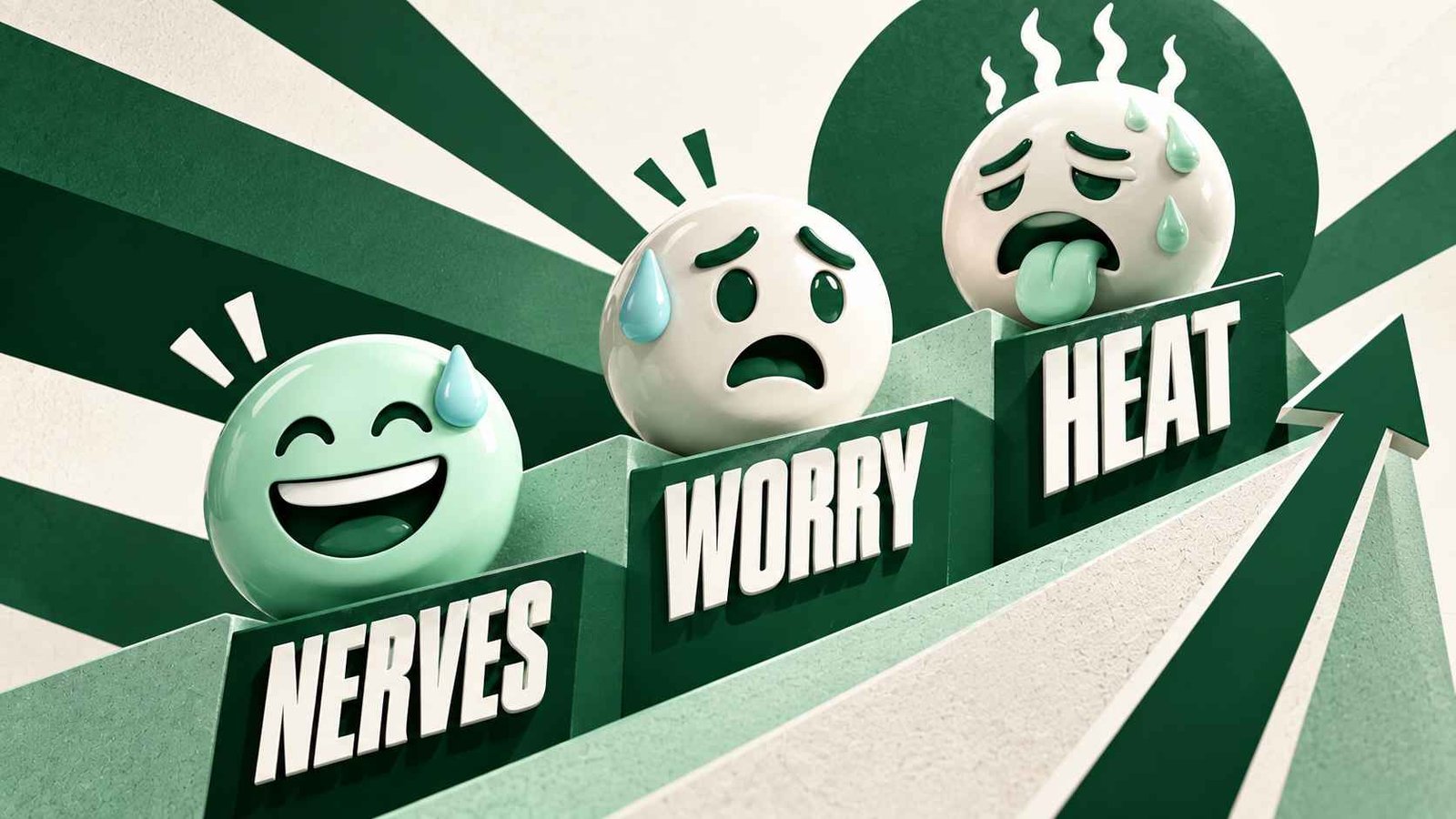 Three faces on rising stepped platforms labeled nerves, worry, and heat in a bold geometric poster