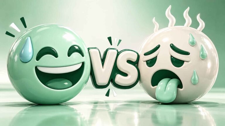 Text: Two glossy 3D faces in mint and off-white squaring off, one grinning and nervous, one overheated, with a puffy VS between them
