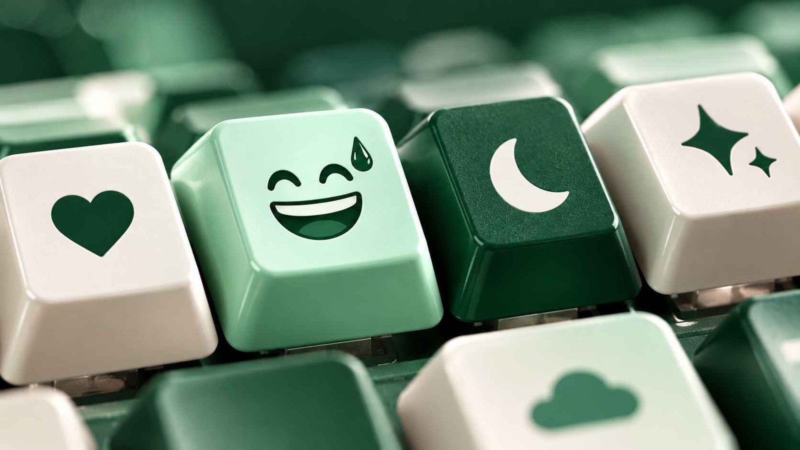 Macro close-up of keyboard keycaps in green, mint, and white showing a sweat smile, heart, moon, and spark symbol