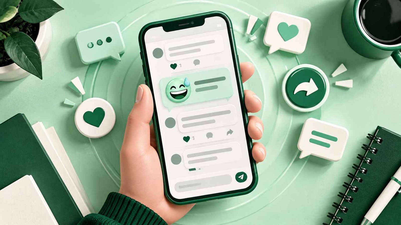 Overhead 3D view of a hand holding a phone with comment bubbles and one sweat smile reaction floating around it