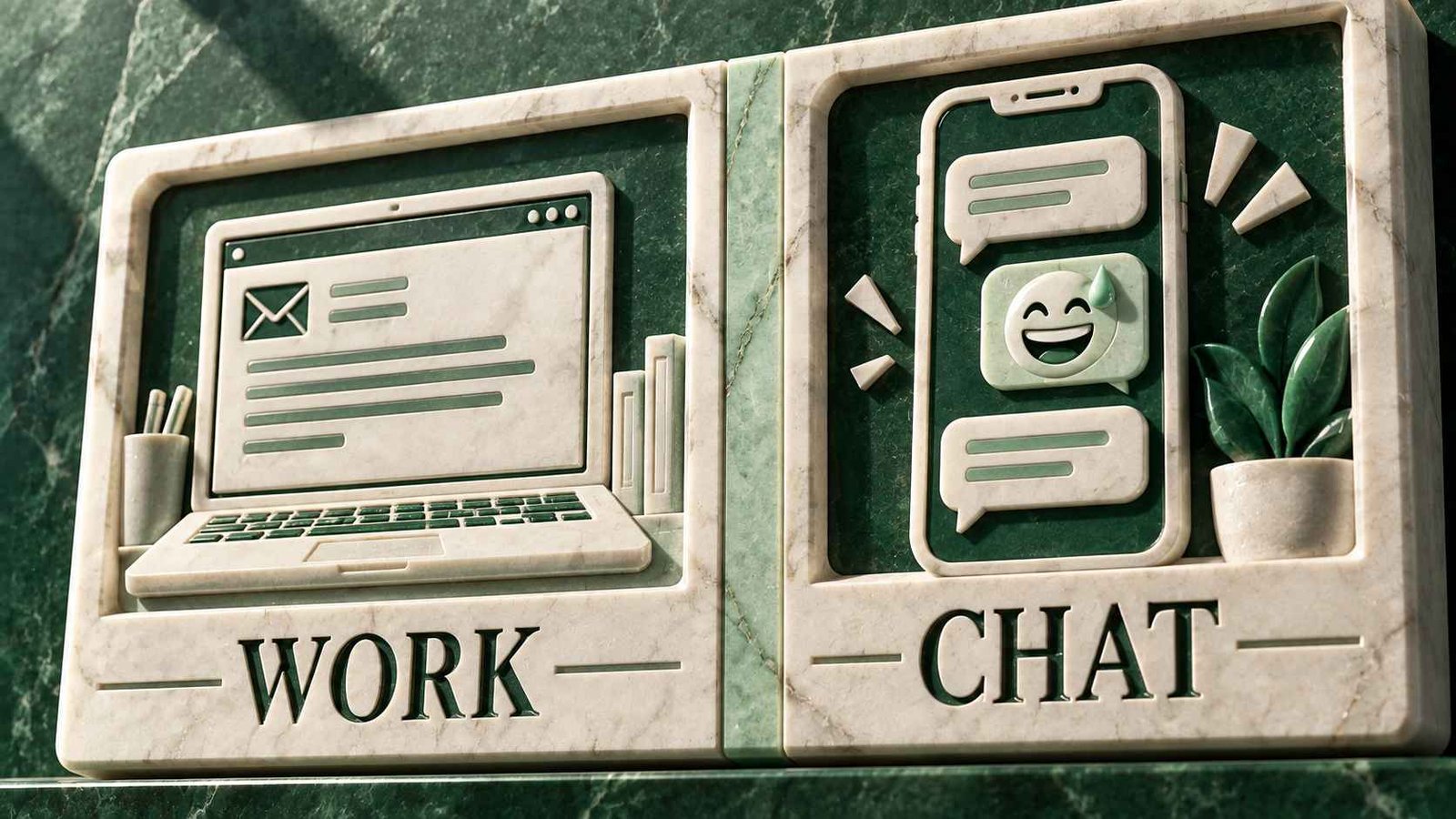 Two carved marble panels, one showing a laptop email and one showing a phone chat with a sweat smile emoji