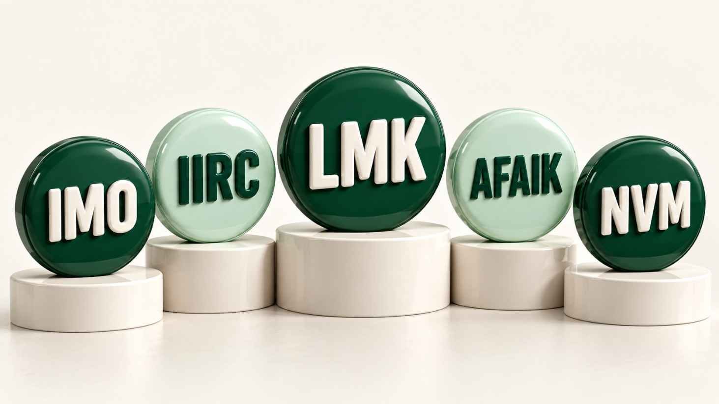 Row of glossy tokens displaying texting acronyms like IMO, IIRC, and LMK