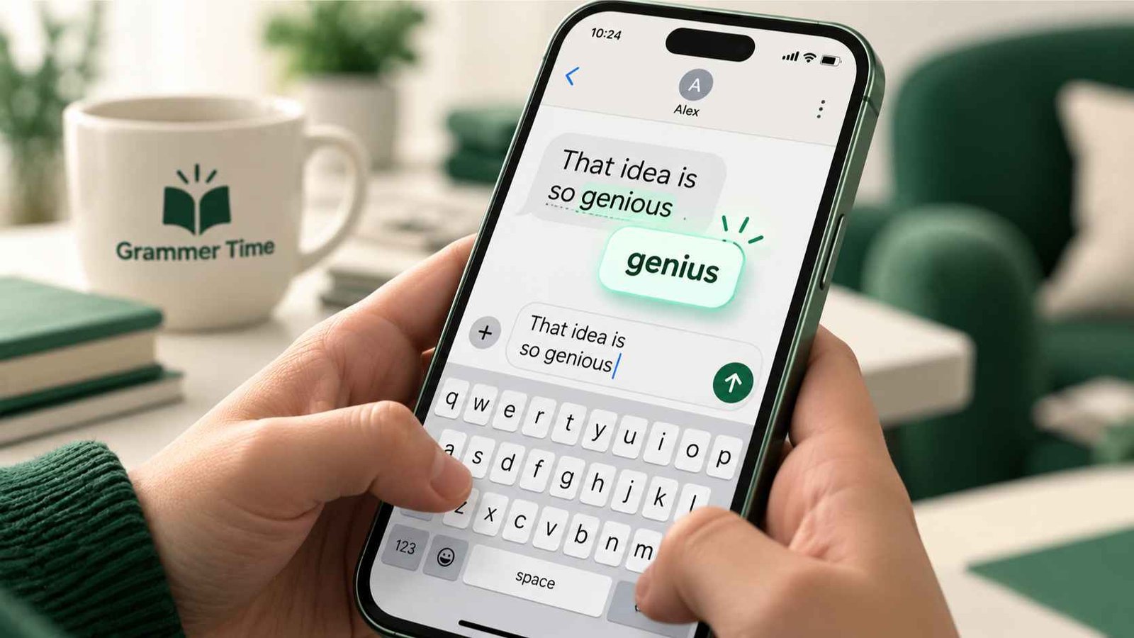 Smartphone screen showing autocorrect fixing genious to genius mid-text