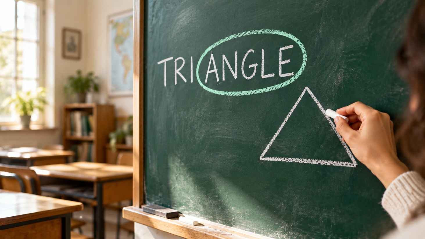 Hand drawing a triangle on a green chalkboard with the word TRIANGLE written and its ANGLE letters circled in chalk