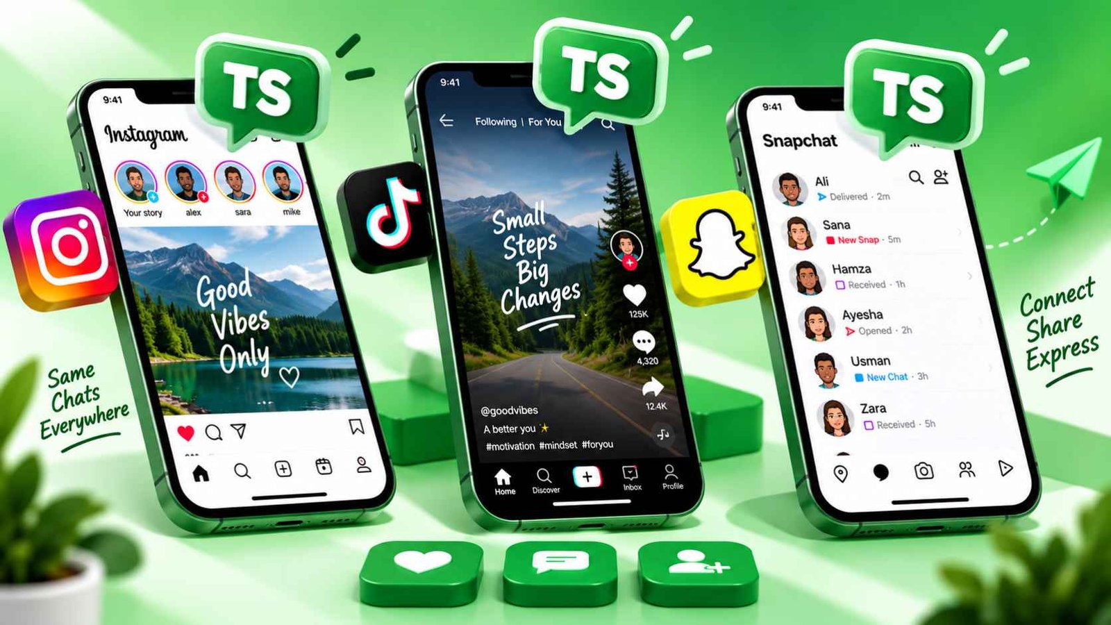 Comparison graphic showing TS meaning in text across Instagram, TikTok, and Snapchat