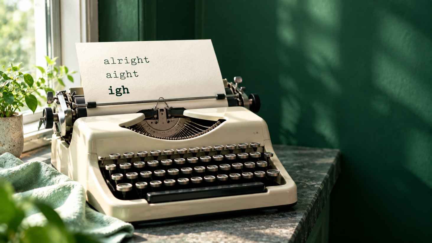 Vintage typewriter with a sheet of paper showing the words alright, aight, and igh typed on separate lines