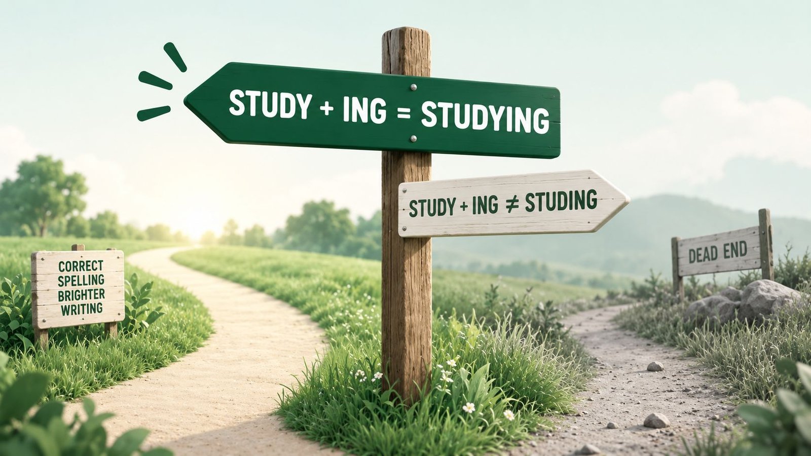 Signpost illustration showing the vowel plus y ing spelling rule with example words