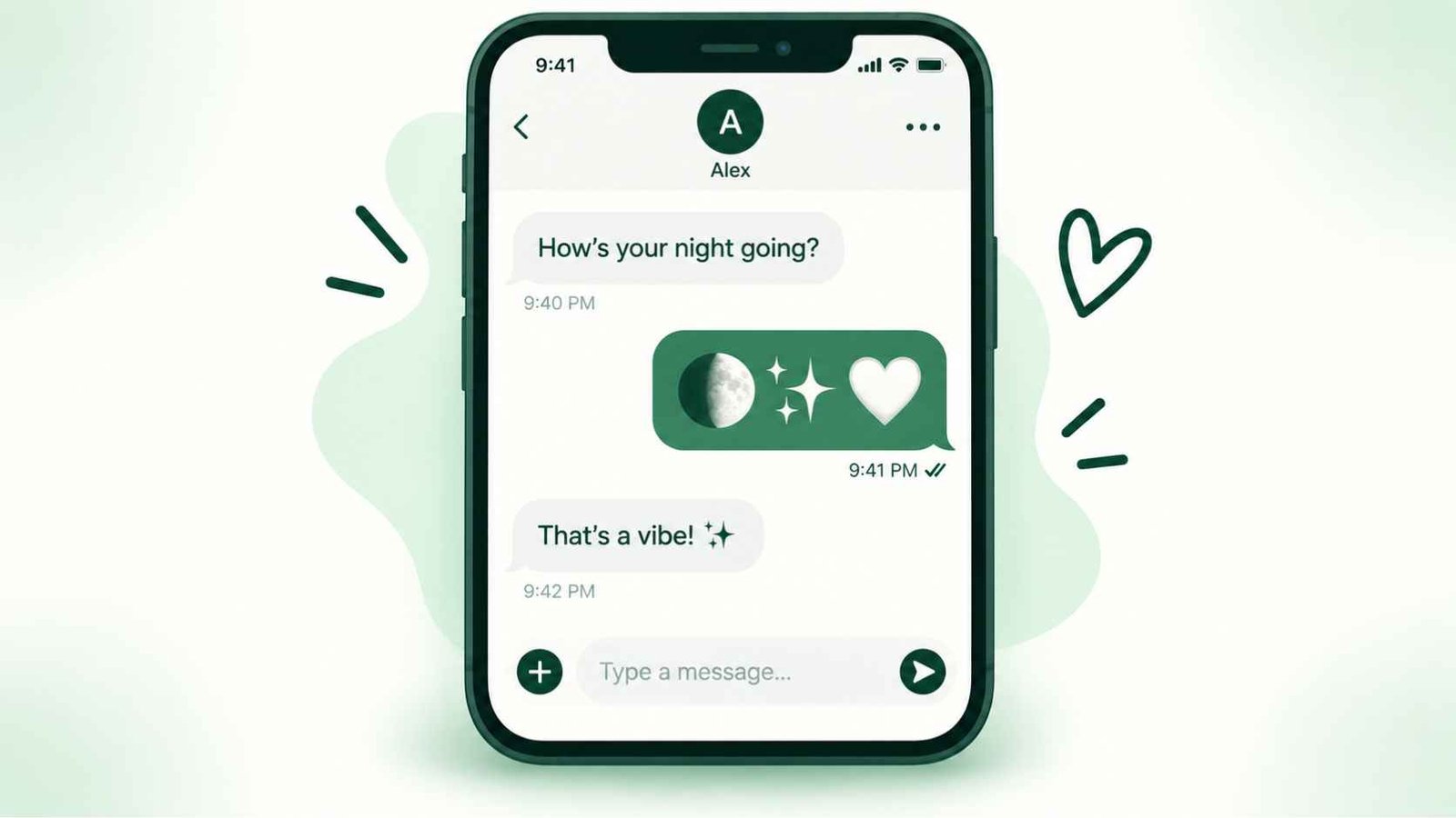 Phone screen illustration showing a text message bubble with waxing gibbous moon emoji combos.