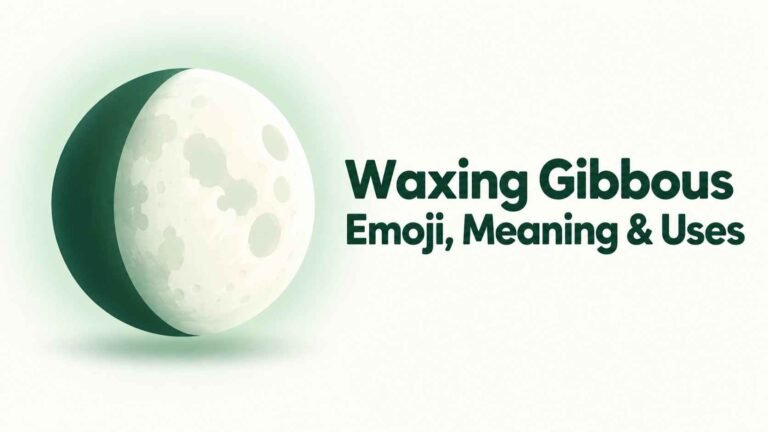 Illustration of the waxing gibbous moon emoji beside bold text reading meaning and uses.