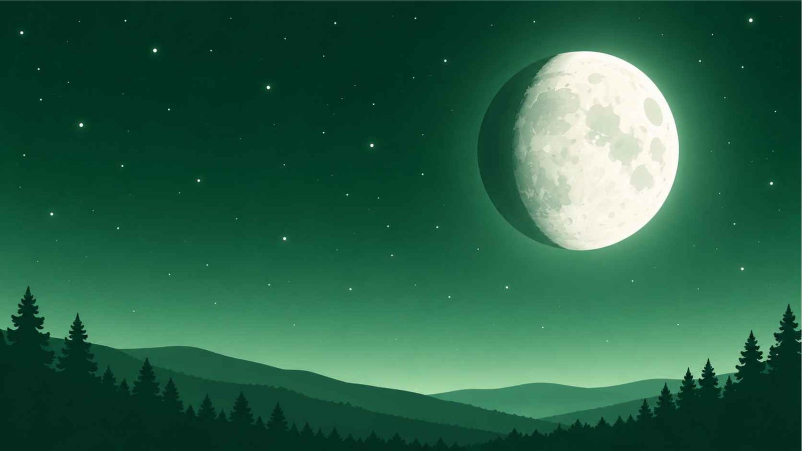 A stylized waxing gibbous moon glowing softly against a forest green night sky.