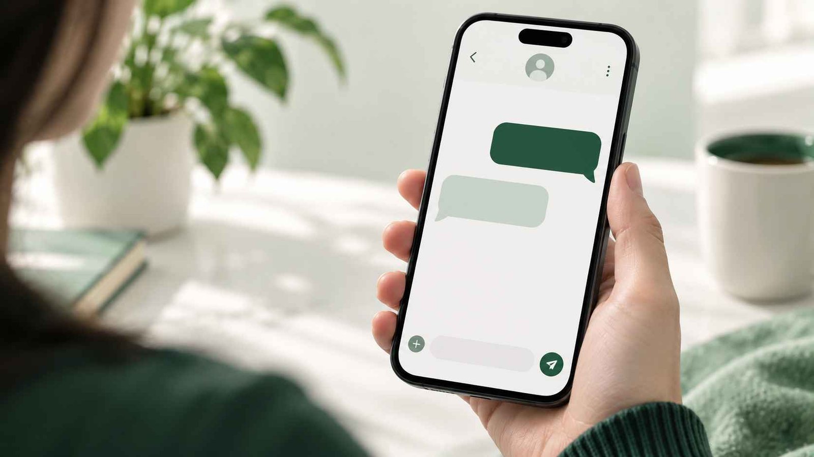 Hand holding a phone showing a casual chat bubble conversation