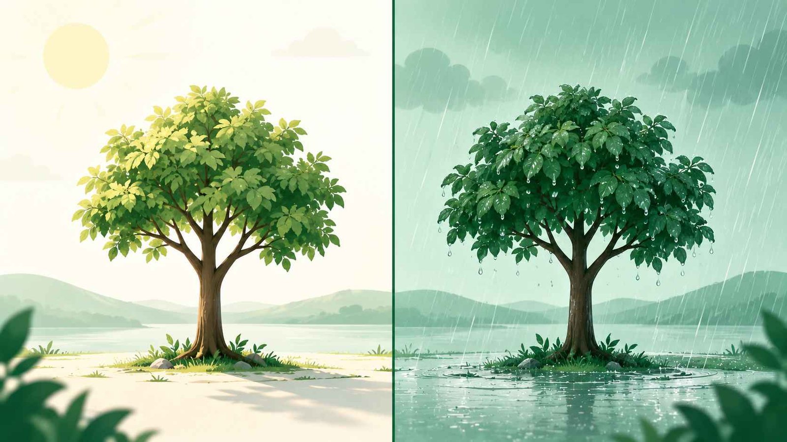 Split-screen illustration comparing a dry sunny scene and a rainy soaked scene