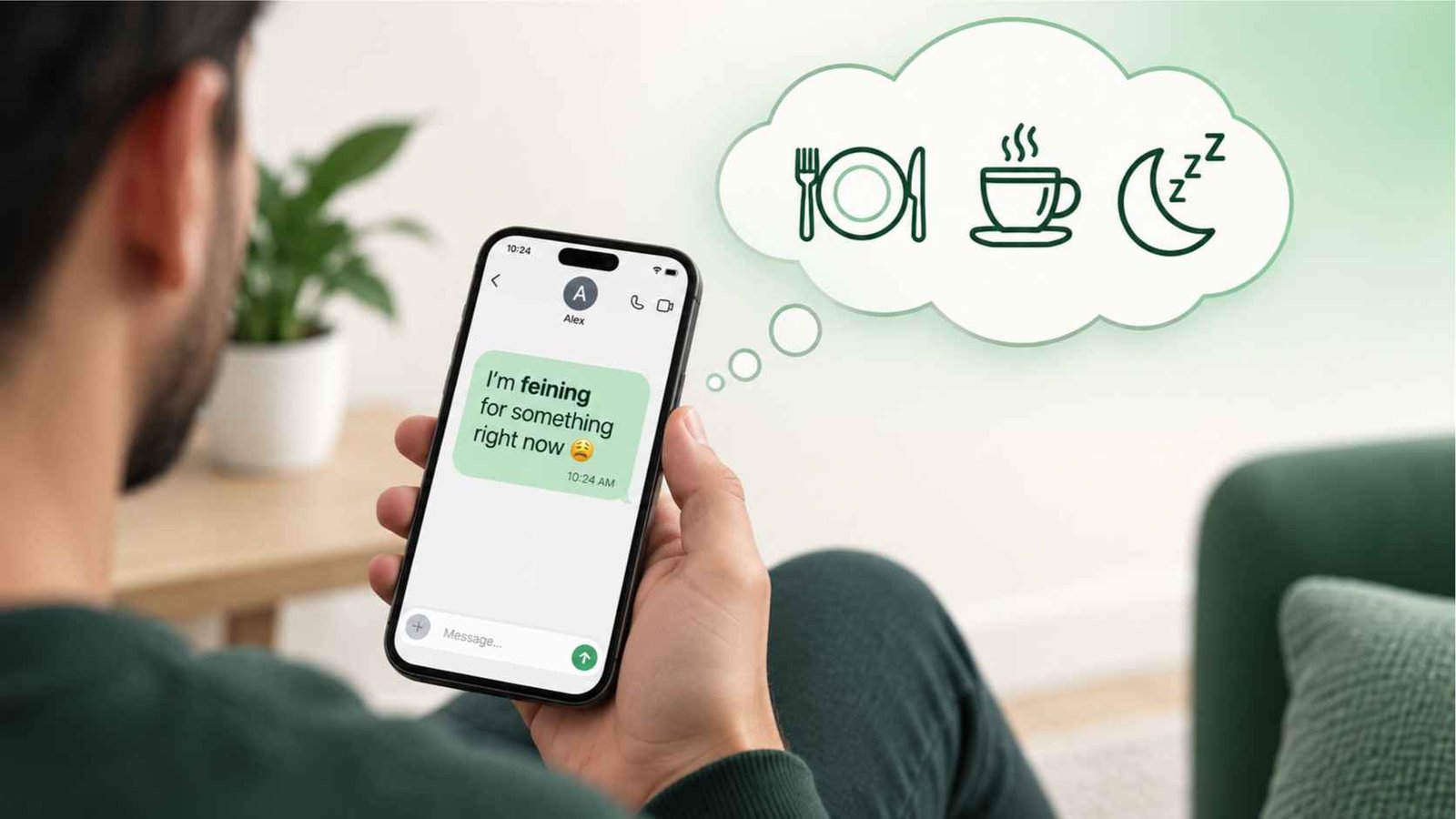 Split illustration of a phone screen with a text bubble and a thought cloud showing craving symbols