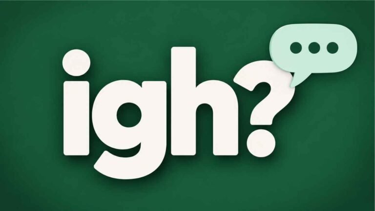Large white lowercase letters igh with a question mark beside a mint speech bubble on a forest green background