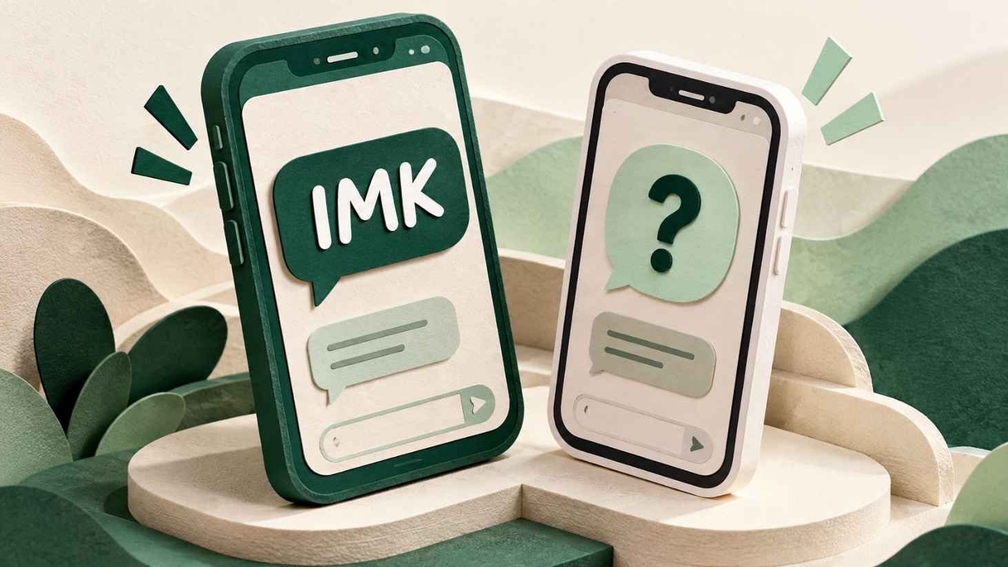 IMK Meaning in Chat Layered paper-cut scene of two phones texting each other with an IMK message