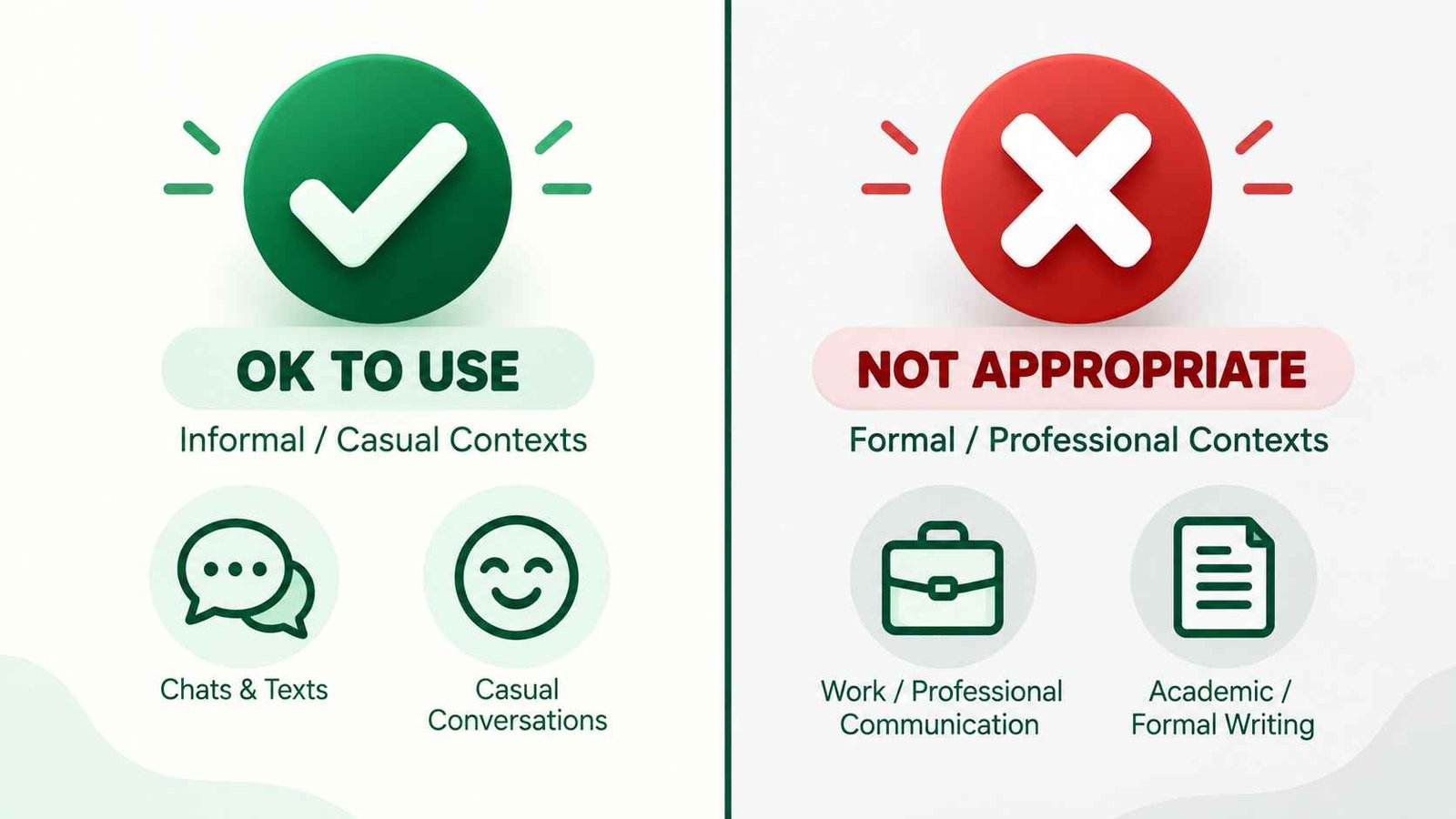 Split graphic with a green checkmark on one side and a red X on the other showing correct and incorrect use