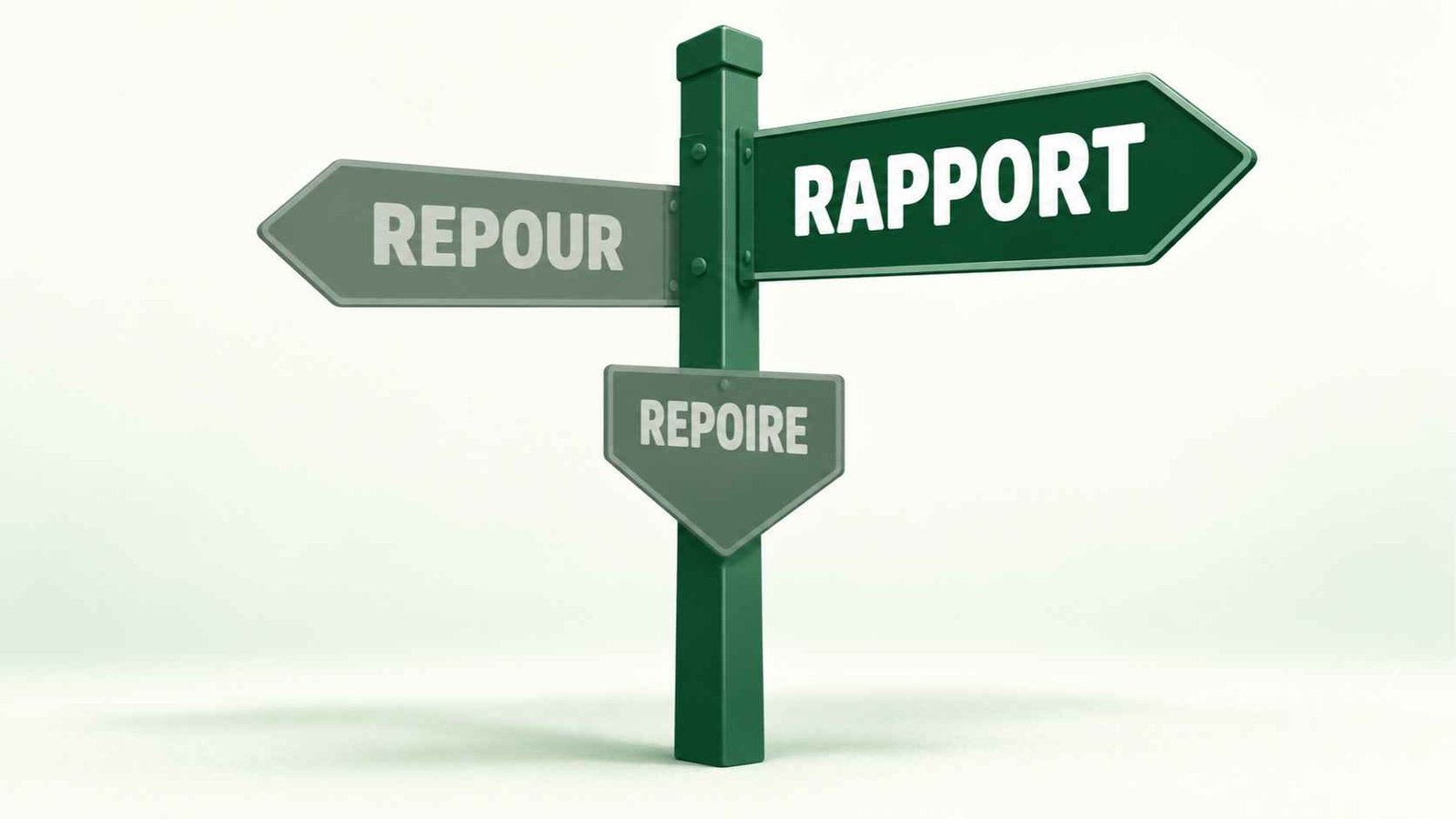 Signpost illustration pointing toward the correct word rapport and away from repour and repoire