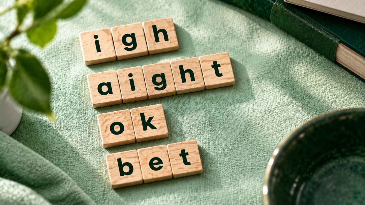 Four rows of wooden letter tiles spelling igh, aight, ok, and bet on a mint linen surface