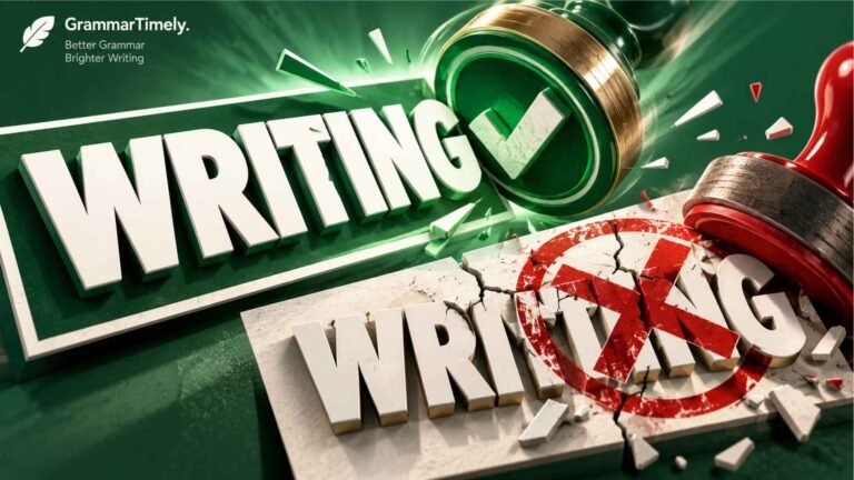 Bold stamped showdown graphic between the correct and incorrect spelling of writing