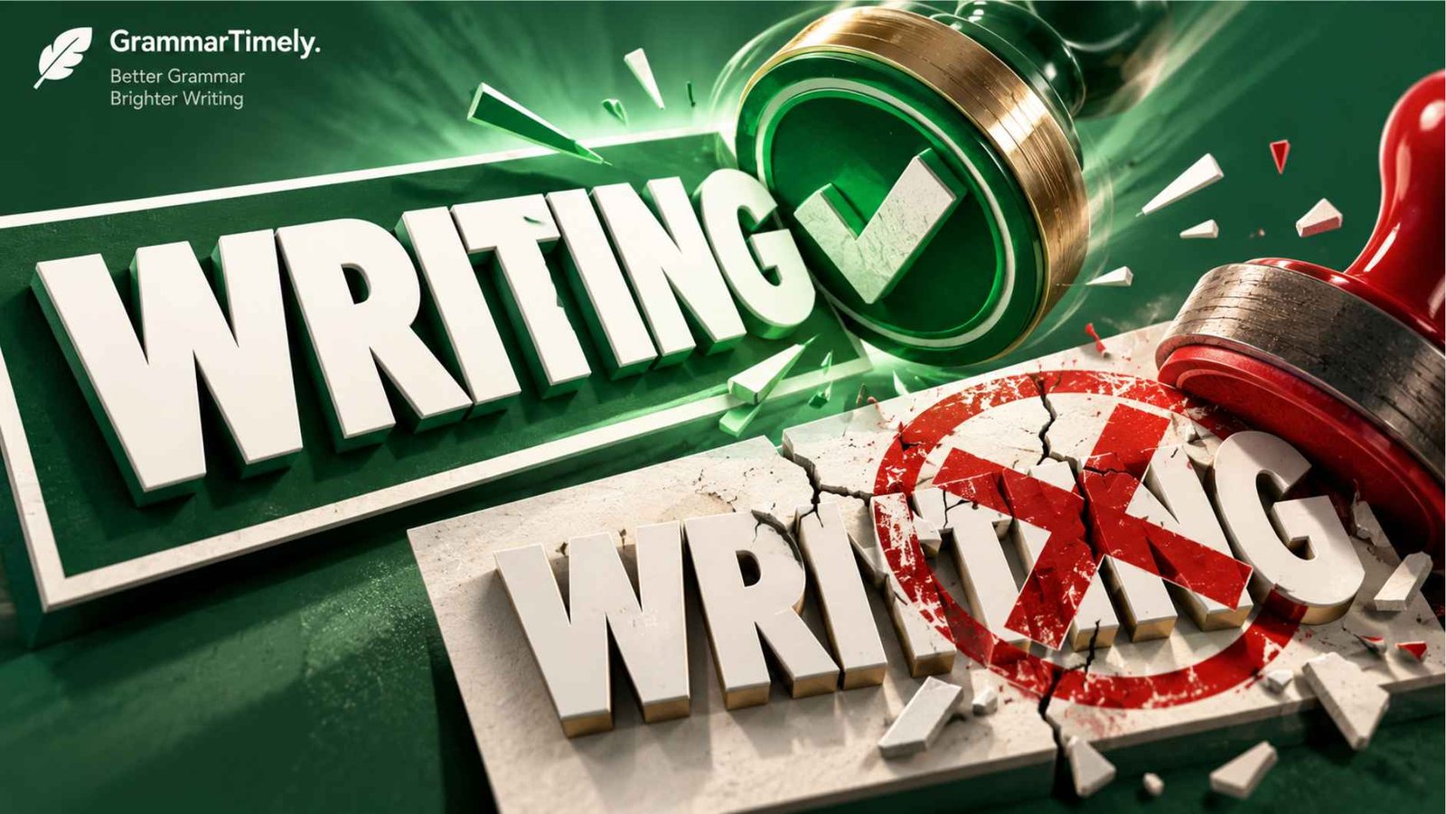 Bold stamped showdown graphic between the correct and incorrect spelling of writing