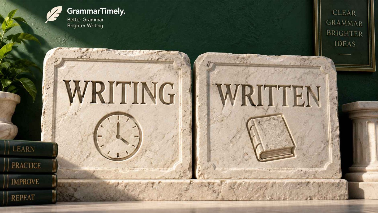 Two stone tablets carved with the words writing and written side by side