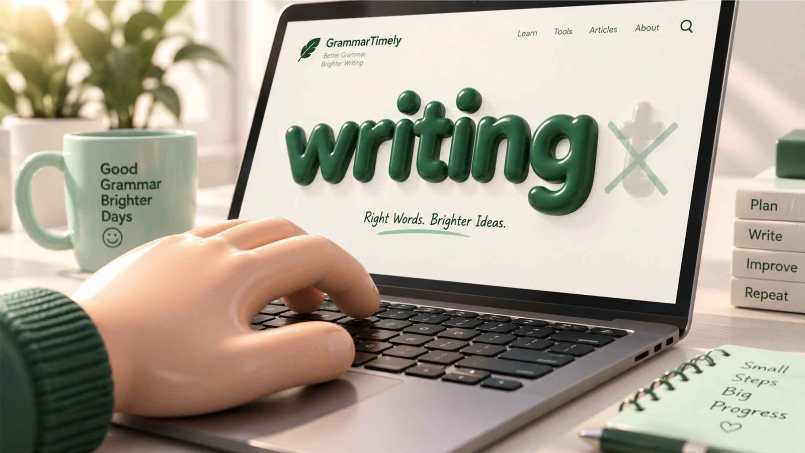 Hand typing on a laptop with the word writing appearing on screen