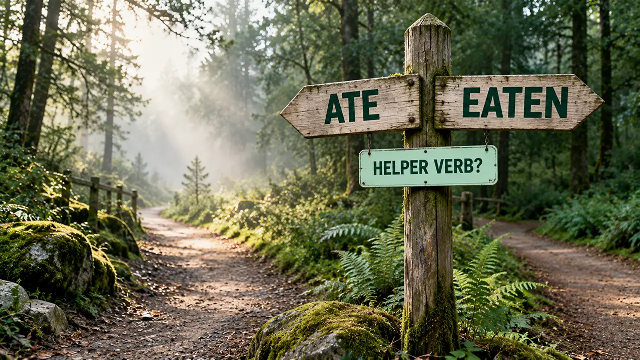 Wooden signpost at a forest path fork with arrows reading ATE and EATEN and a small plaque reading HELPER VERB?