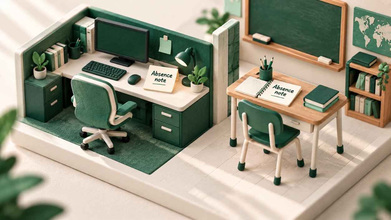 Clay miniature of an office desk and a classroom desk, each with an empty chair and absence note