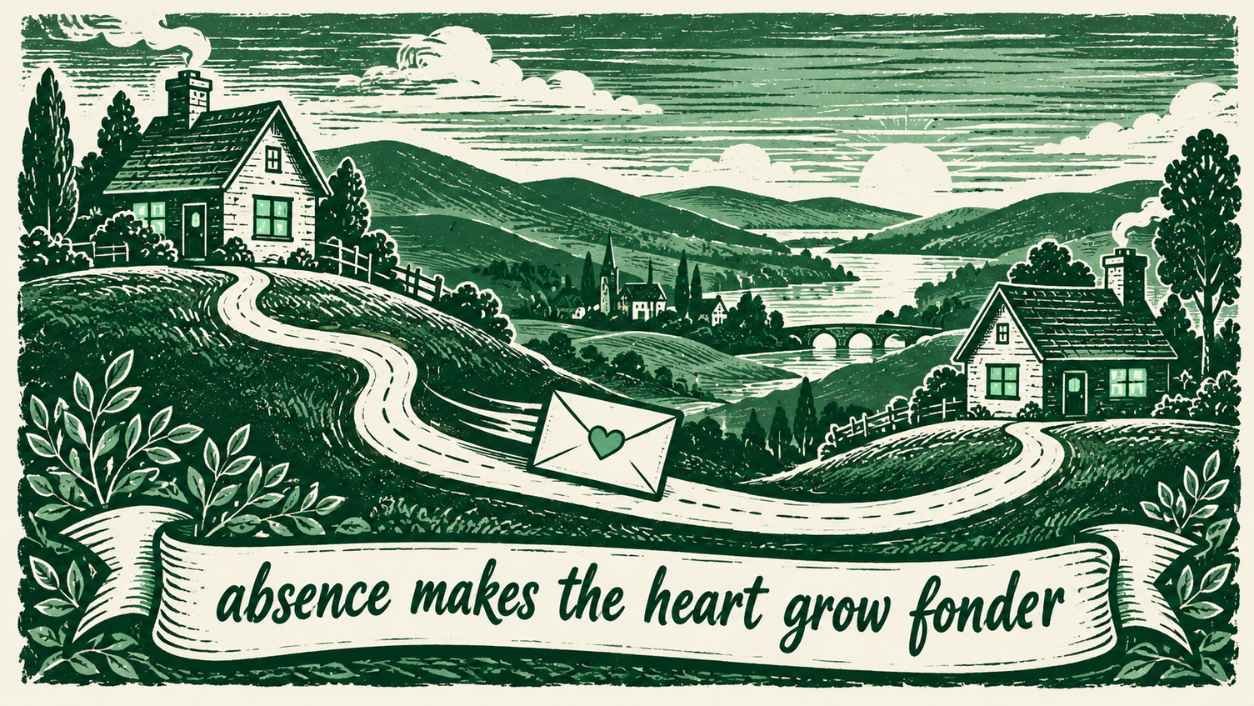 Block-print illustration of two distant windows joined by a heart-shaped letter on a path