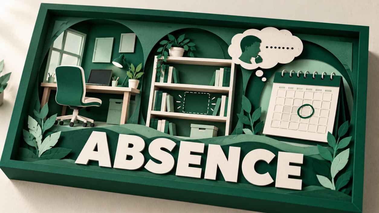 Paper-cut scene of an empty chair, bare shelf, and calendar showing the meanings of absence
