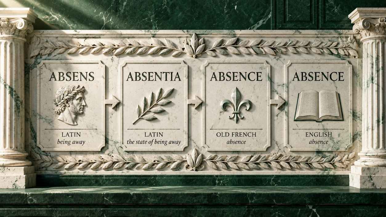 Carved marble relief tracing absence from Latin absens to French absence to English
