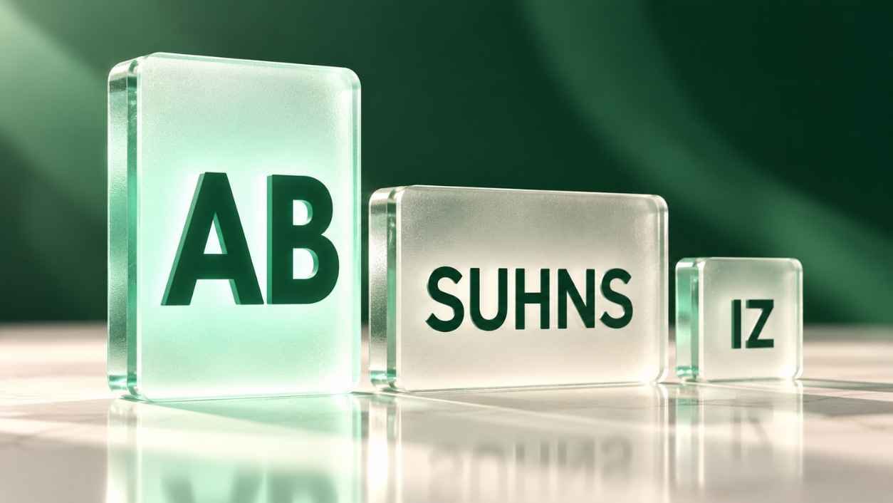 Frosted glass blocks showing the stressed syllable AB taller than SUHNS in absence pronunciation