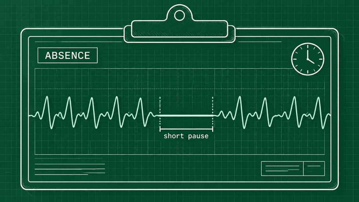 Blueprint-style chart of a steady pulse line pausing briefly, illustrating an absence seizure