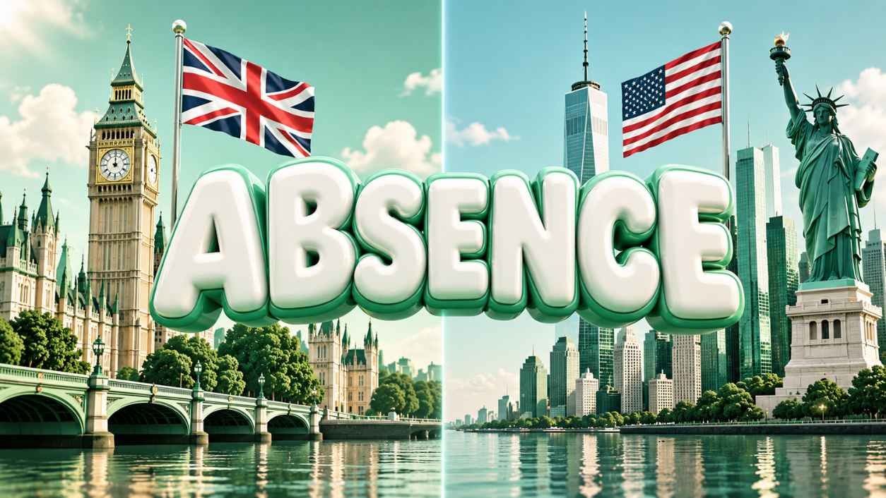 London and New York skylines with flags joined by one giant puffy word, absence