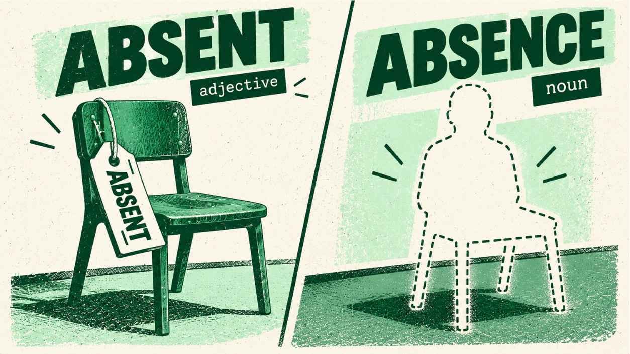 Risograph poster of an empty chair tagged absent beside a dotted gap labeled absence