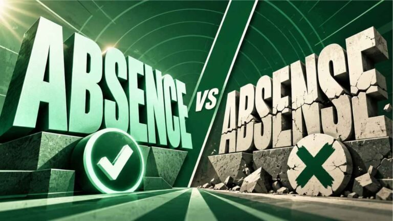 Giant 3D words ABSENCE with a check mark and ABSENSE with a cross facing off in a green poster